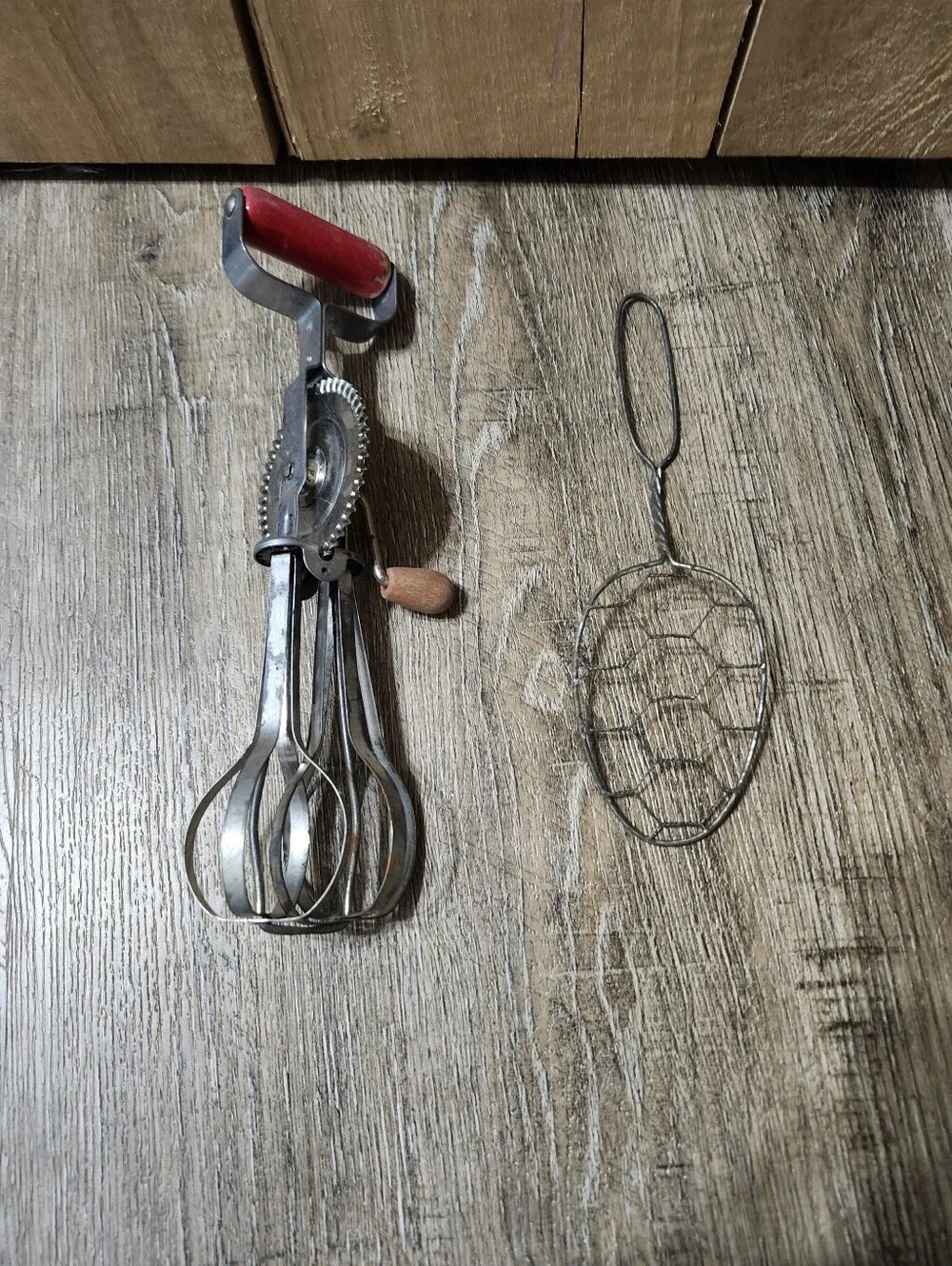 Vintage Hand Egg Beater and Wire Egg Beater/Skimmer - Red Handle